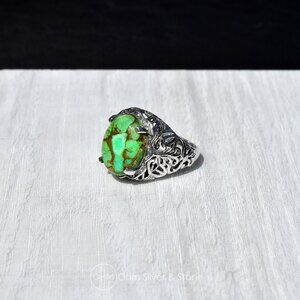 Sterling Silver Green Copper Turquoise Oval Ring - Size 9 Stamped 925 Silver